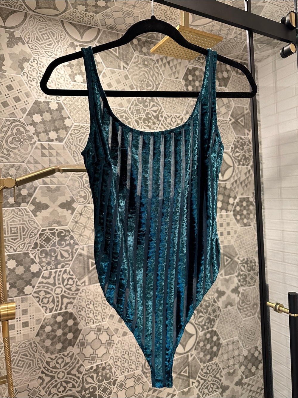 Velvet Stripe One-Piece Bodysuit - Teal